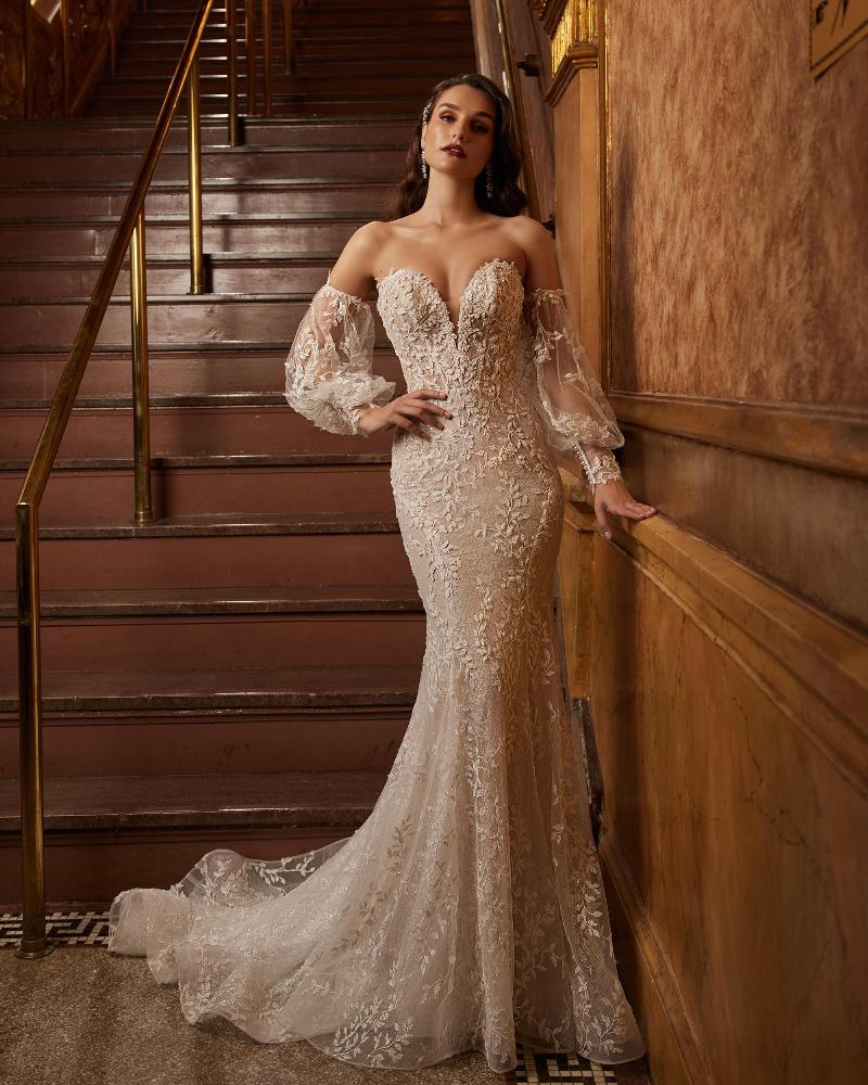 122102 strapless sheath wedding dress with lace and removable sleeves3